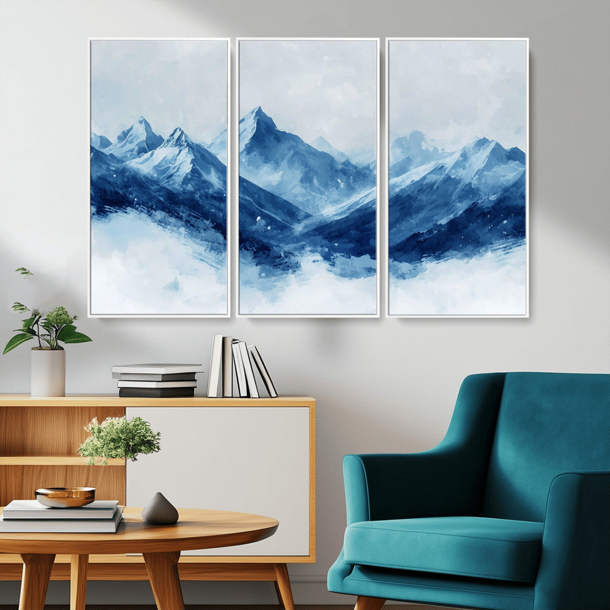 Blue Mountains Wall Art – Framed Snowy Range Canvas Artwork,