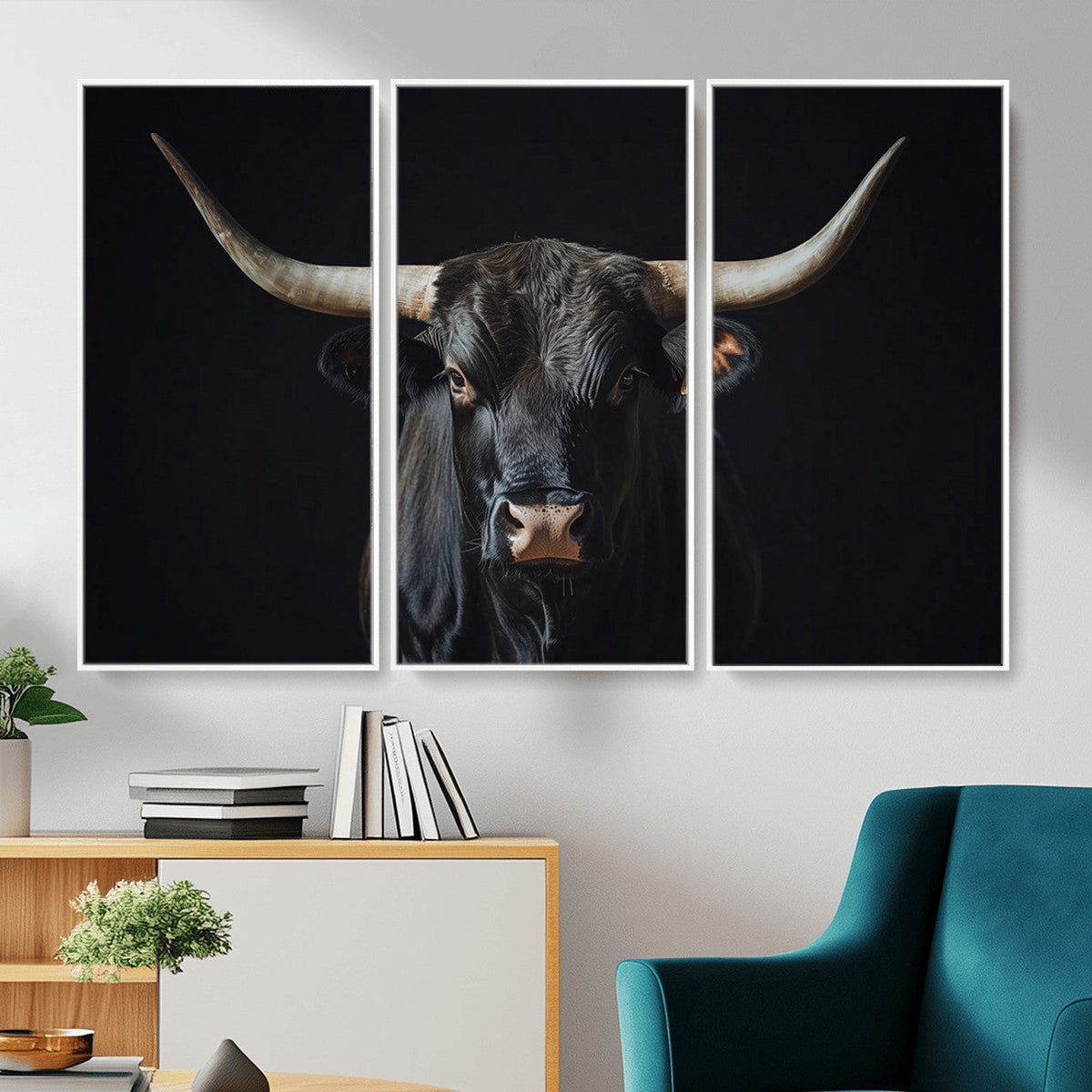 Majestic Longhorn Bull Wall Art Canvas Print – Dark