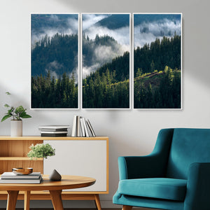 Misty Forest Wall Art Canvas Print, Serene Pine Hills and
