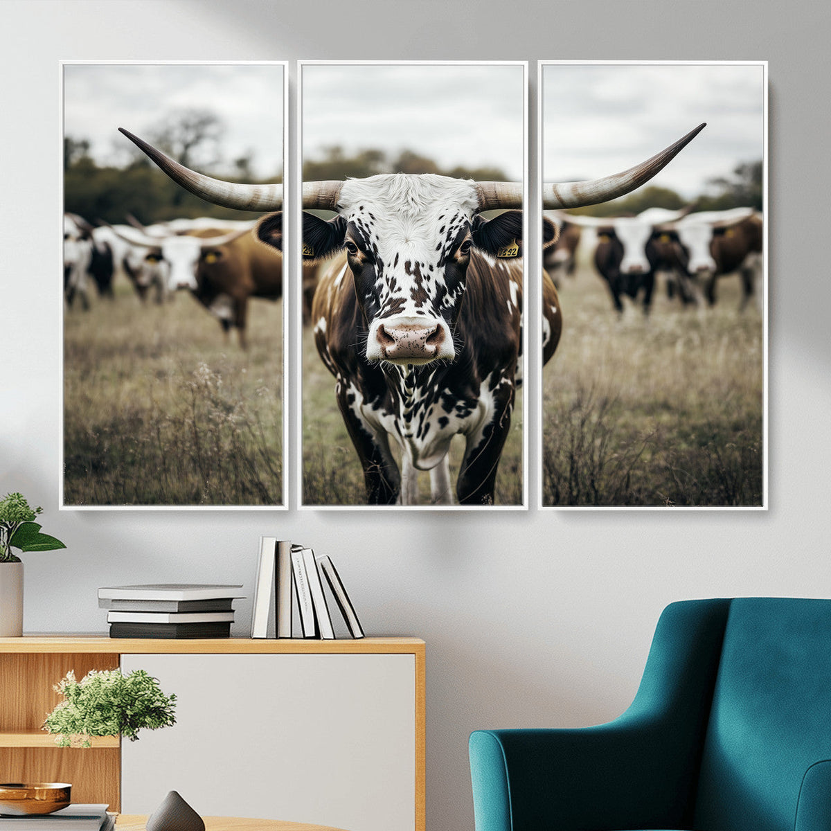 Texas Longhorn Wall Art – Framed Speckled Cow Canvas