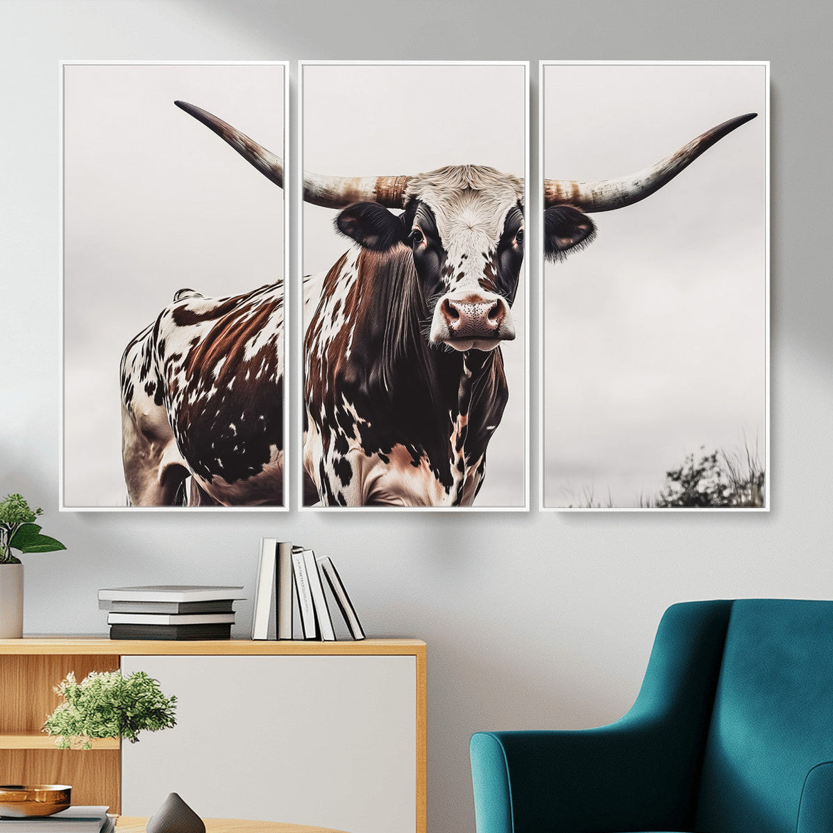 Texas Longhorn Wall Art Canvas Print – Framed Spotted Bull