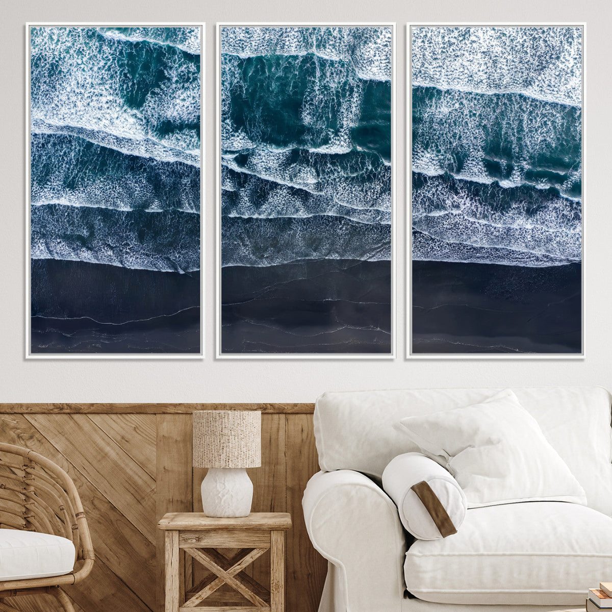 Black Beach Wall Art Canvas Print – Framed Aerial Ocean View