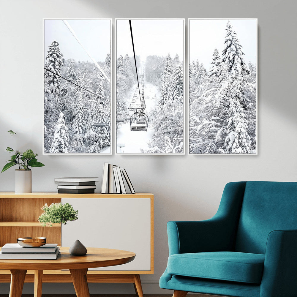 Snowy Ski Lift Wall Art – Framed Winter Mountain Canvas
