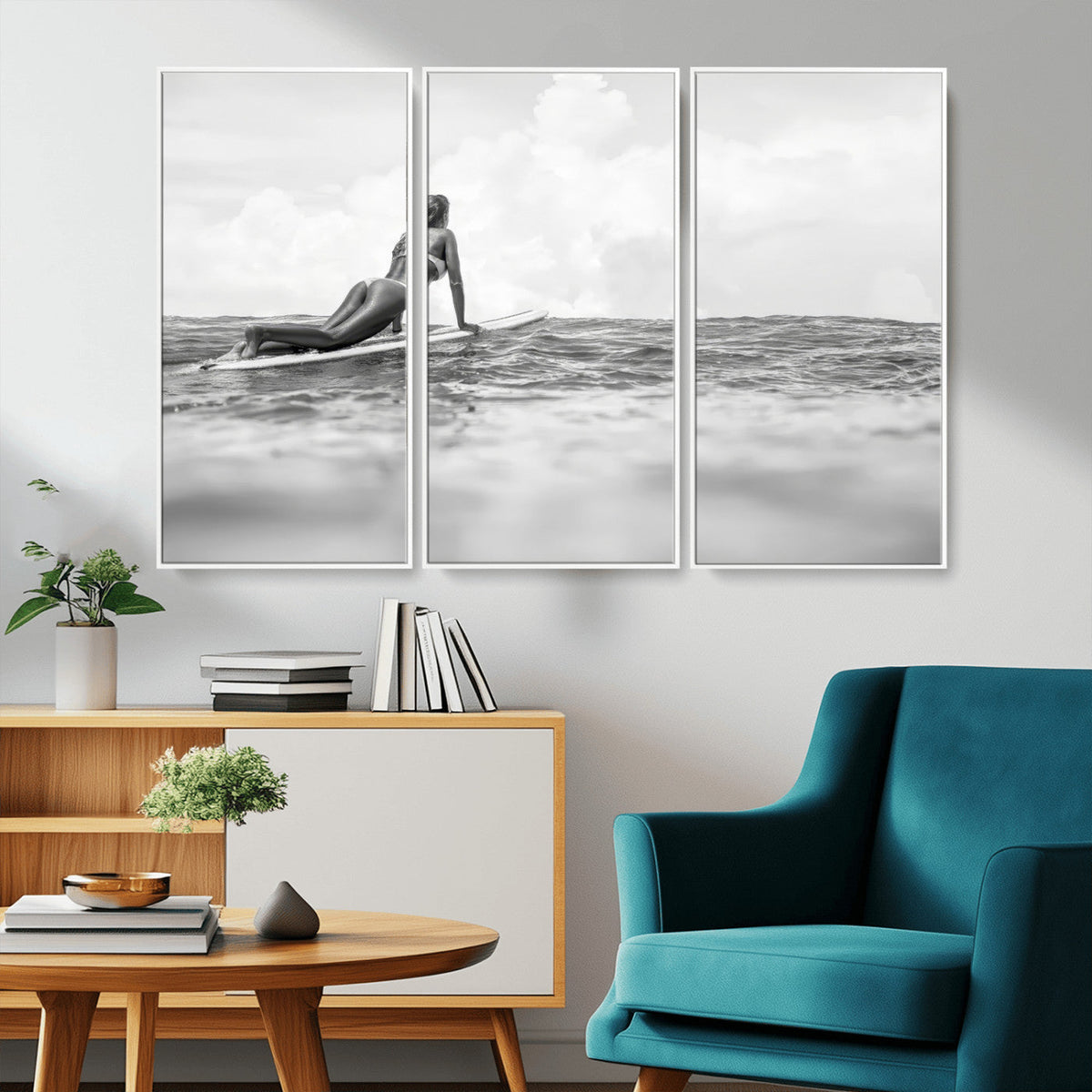 Black and White Surfing Wall Art Canvas Print – Framed Ocean