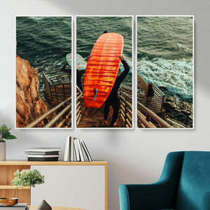 Surfer Stairway Wall Art – Framed Ocean Surf Canvas Artwork,