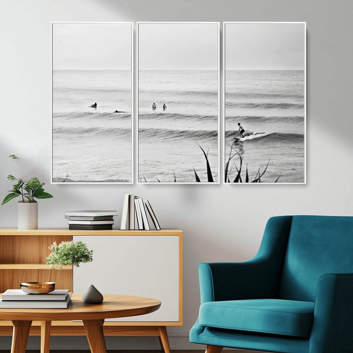 Surfer Silhouette Wall Art – Framed Calm Ocean Canvas