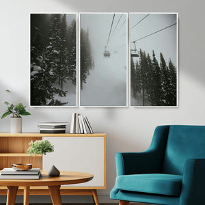 Ski Lift Wall Art Canvas Print – Snowy Pines Misty Landscape