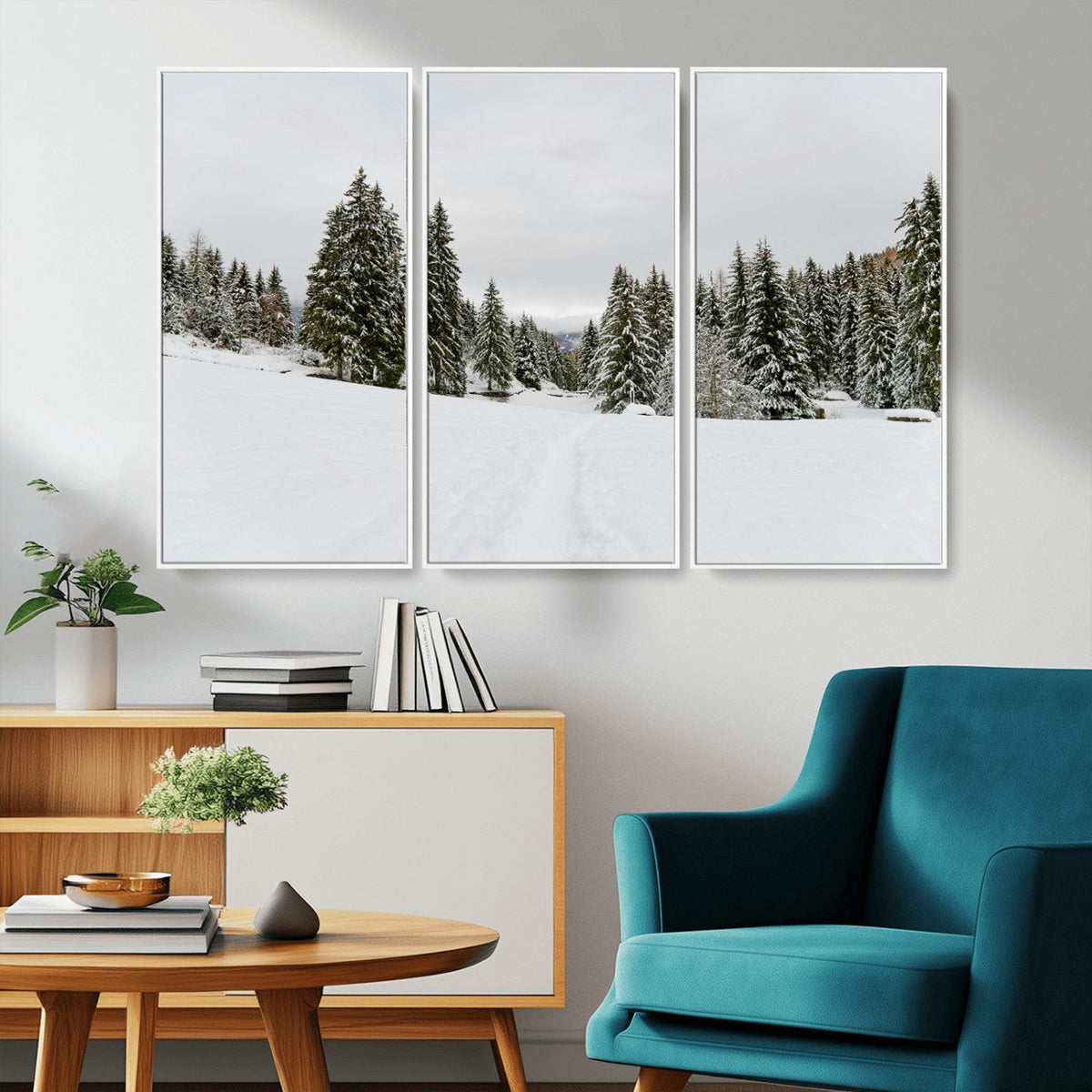 Frosty Pines Wall Art Canvas Print – Framed Silent Snowfall