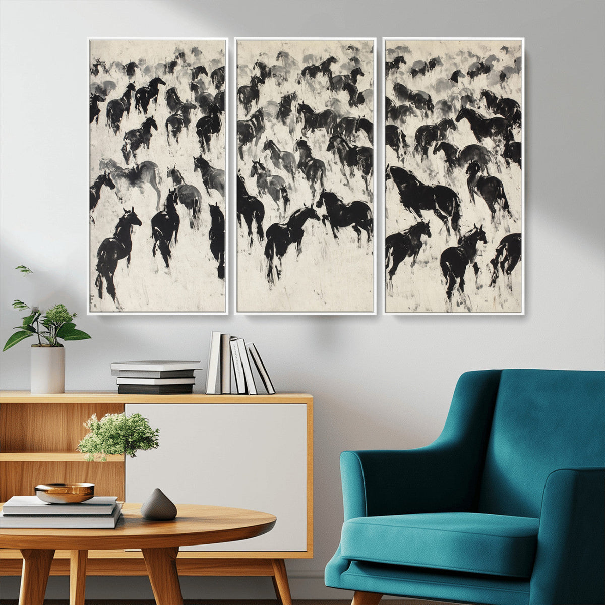 Wild Horse Stampede Wall Art Canvas Print – Monochrome