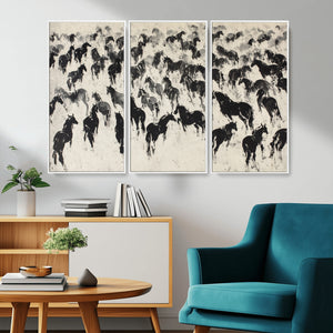 Wild Horse Stampede Wall Art Canvas Print – Monochrome
