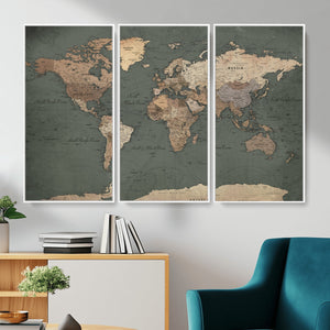 Rustic Black and Wood World Map Canvas Wall Art – Framed