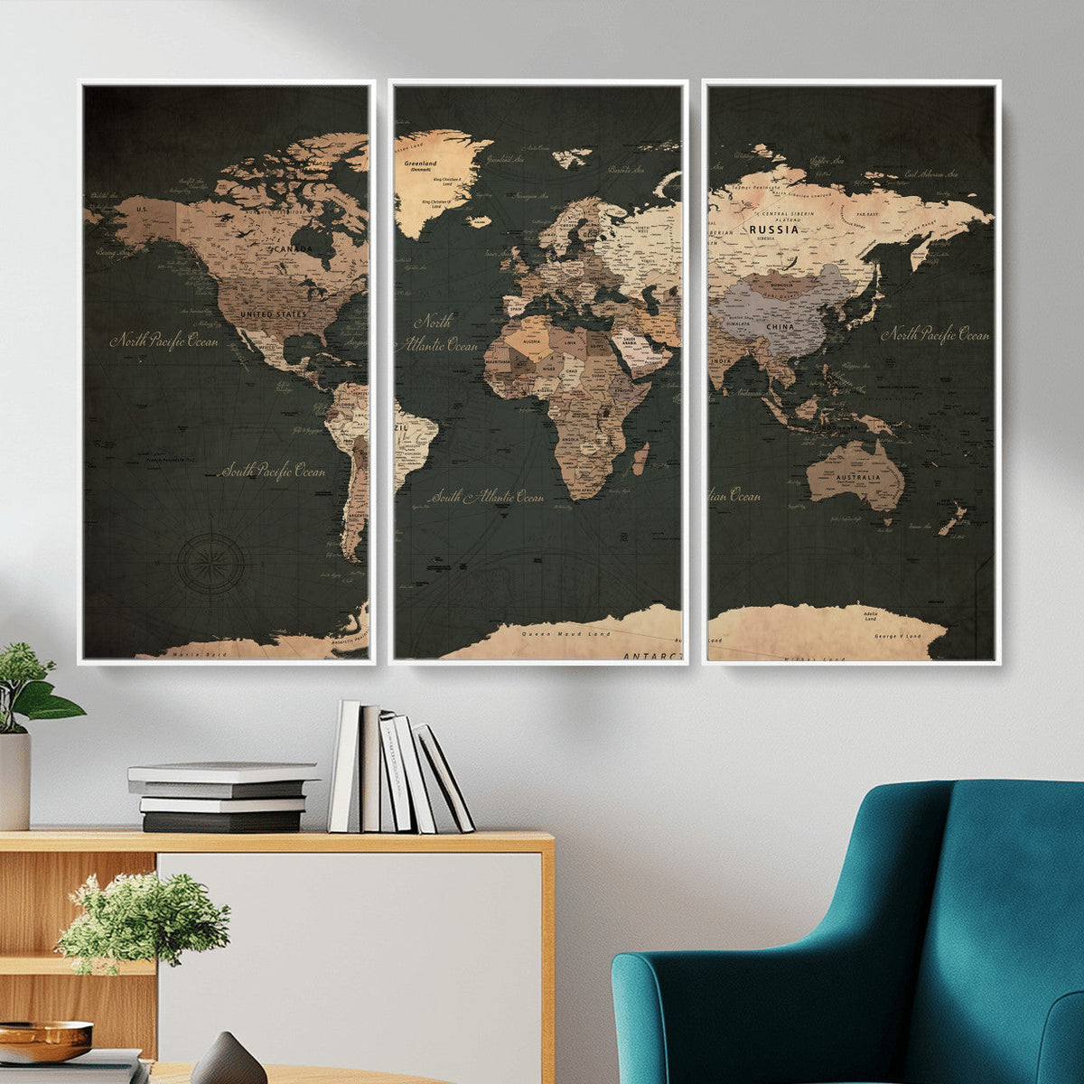 Vintage World Map Canvas Wall Art – Framed Travel Map for