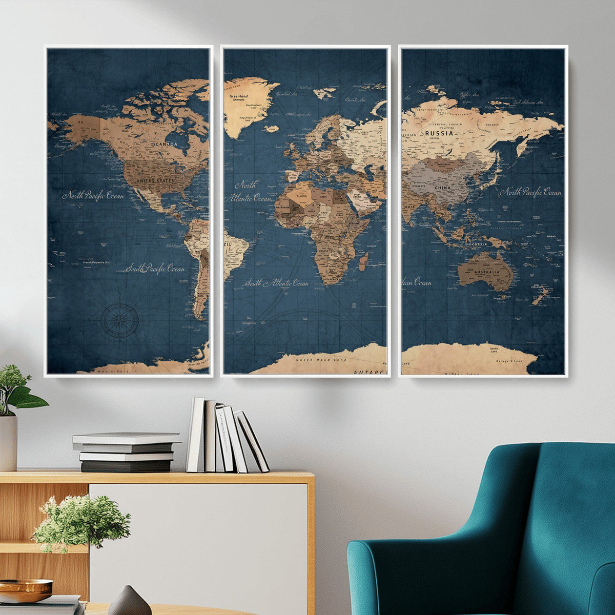 Navy Blue World Map Canvas Print – Framed Travel Map Wall