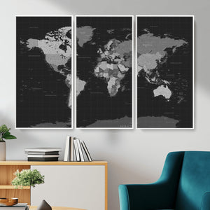Black World Map Wall Art Canvas Print – Detailed Map of the