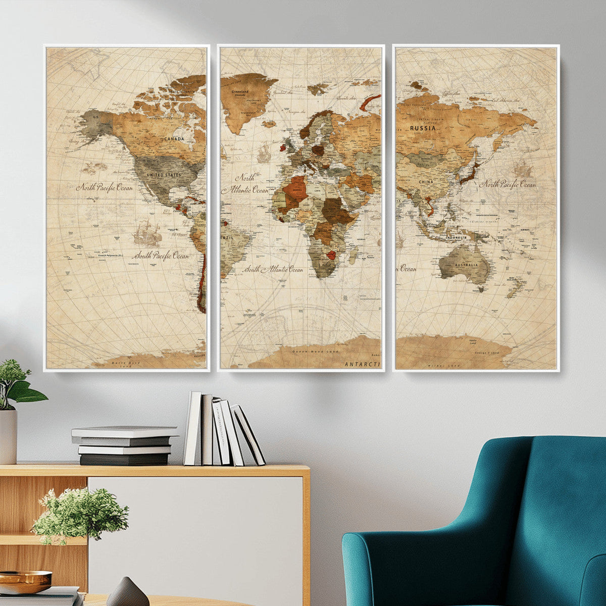 Rustic Vintage World Map Canvas Print – Framed Modern