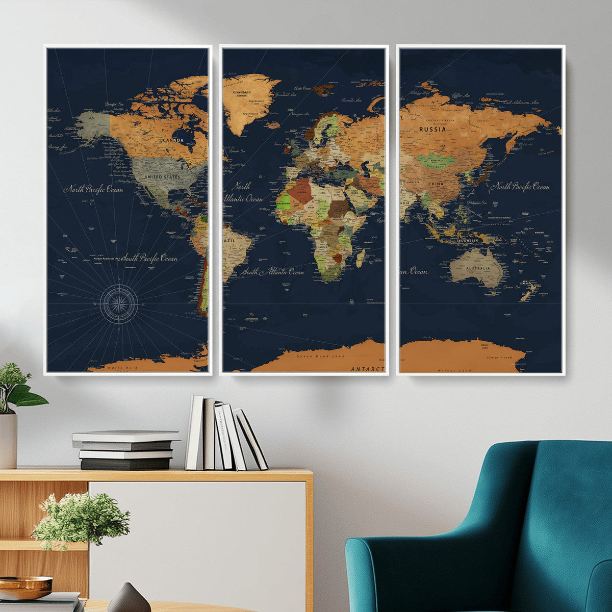 Modern World Map Canvas Print – Framed Detailed Map of the