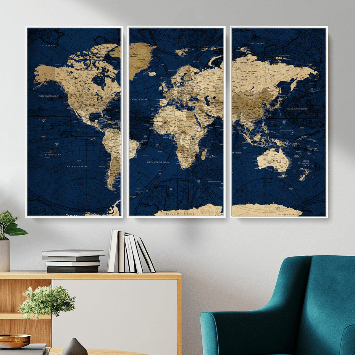 Navy Blue World Map Canvas Print – Detailed Map Minimal Navy