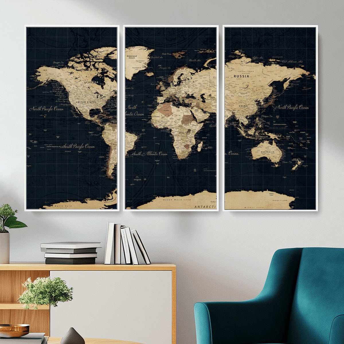 Dark World Map Canvas Wall Art Print, Minimal Black and Gold