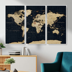 Dark World Map Canvas Wall Art Print, Minimal Black and Gold