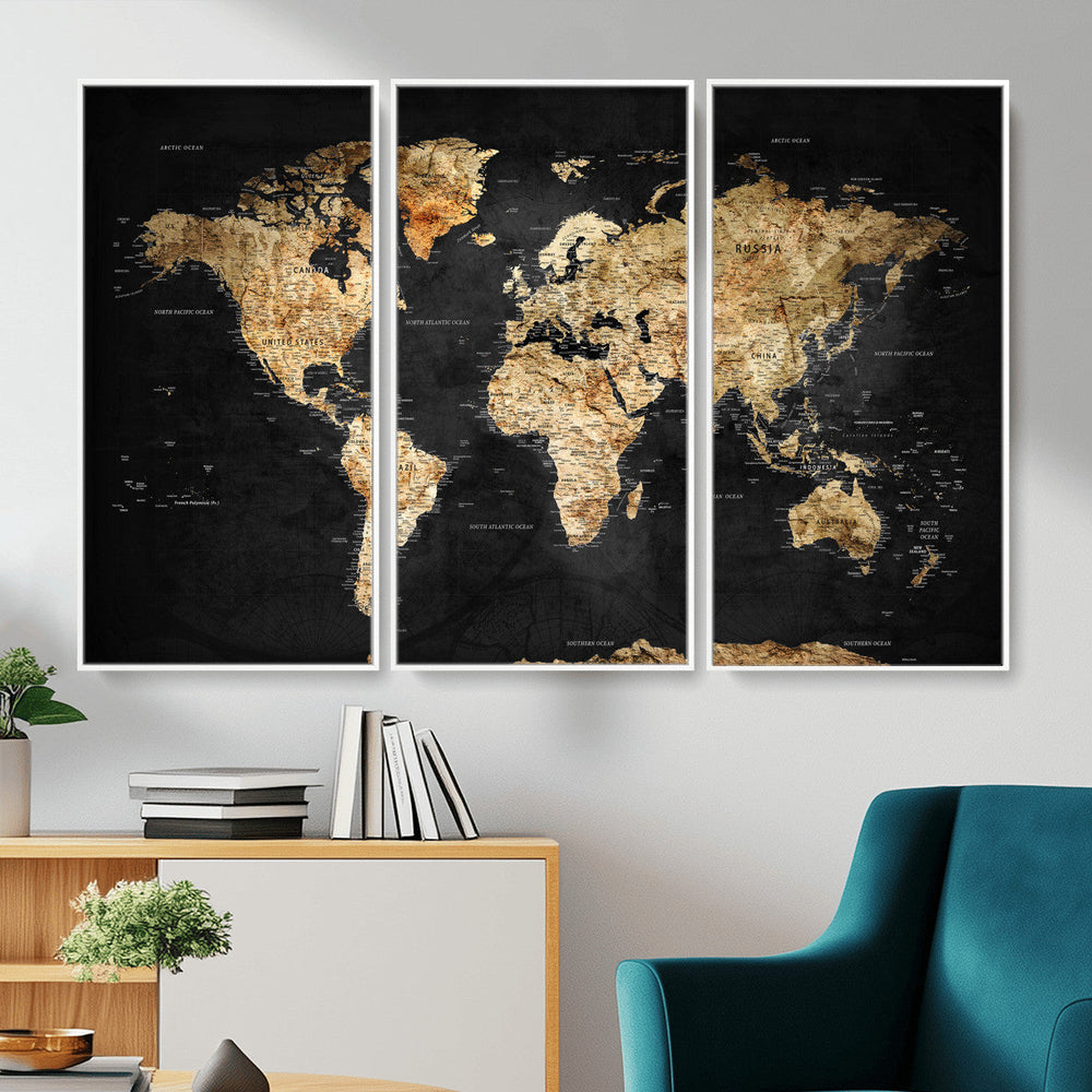 World Map Canvas Wall Art with Famous Landmarks – Framed