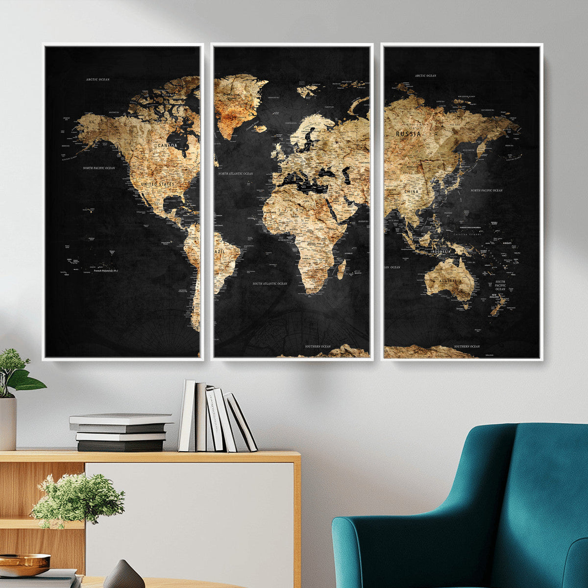 World Map Canvas Wall Art with Famous Landmarks – Framed