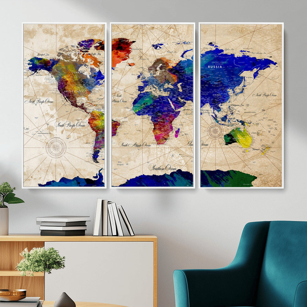 Watercolor World Map Canvas Print – Framed Wall Art for