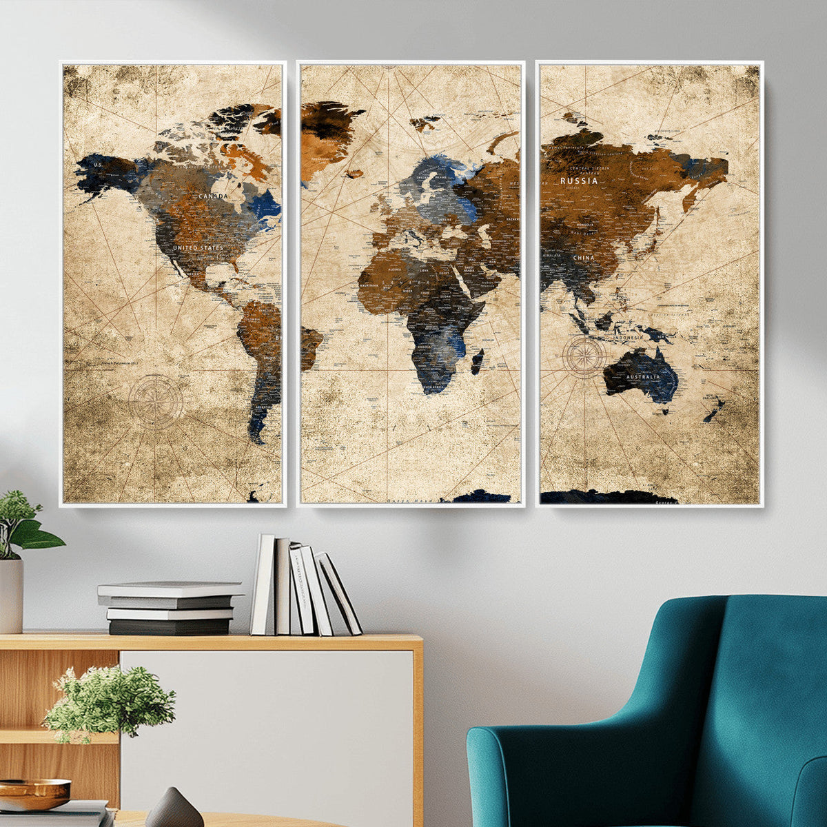 World Map Wall Art Canvas Print, Modern Decorative Framed