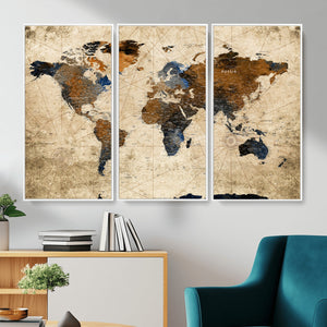 World Map Wall Art – Rustic Earth Tone Canvas Print, Antique
