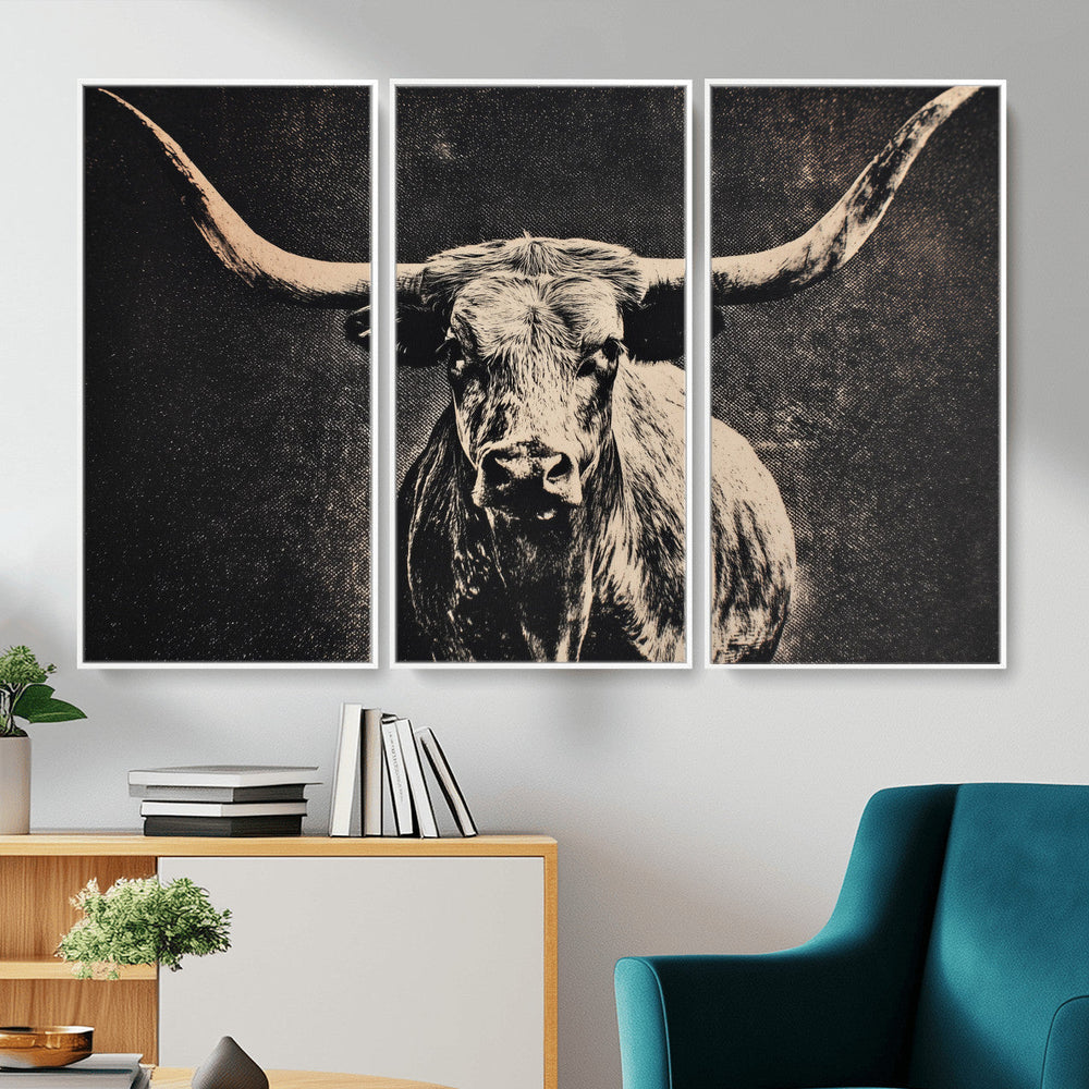 Vintage Texas Longhorn Bull Wall Art Canvas Print, Cow
