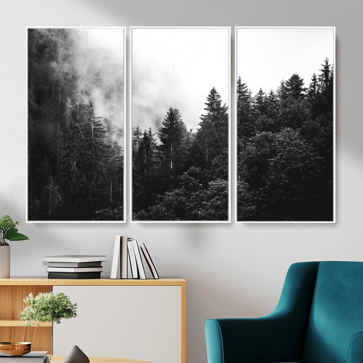 Black White Forest Wall Art Canvas Print, Misty Pine Tree