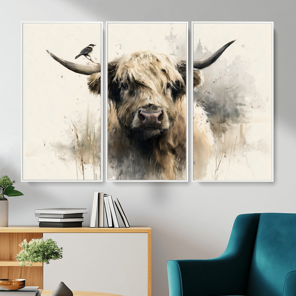 Abstract Highland Cow Wall Art Canvas Print, Rustic Farm