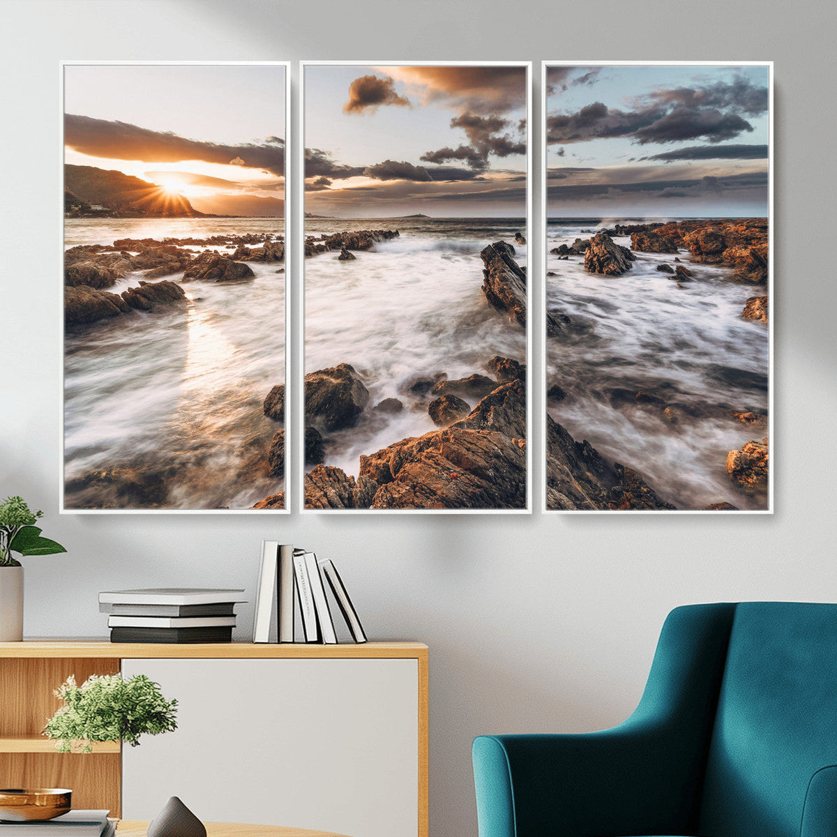 Rocky Coast Ocean Sunset Wall Art Canvas Print, Dramatic