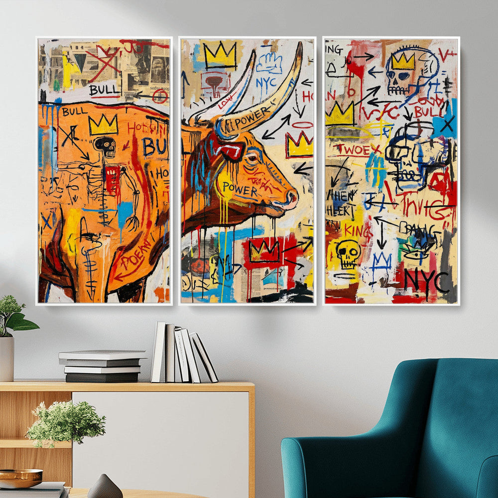 Basquiat Style Bull Graffiti Wall Art Canvas Print, Street