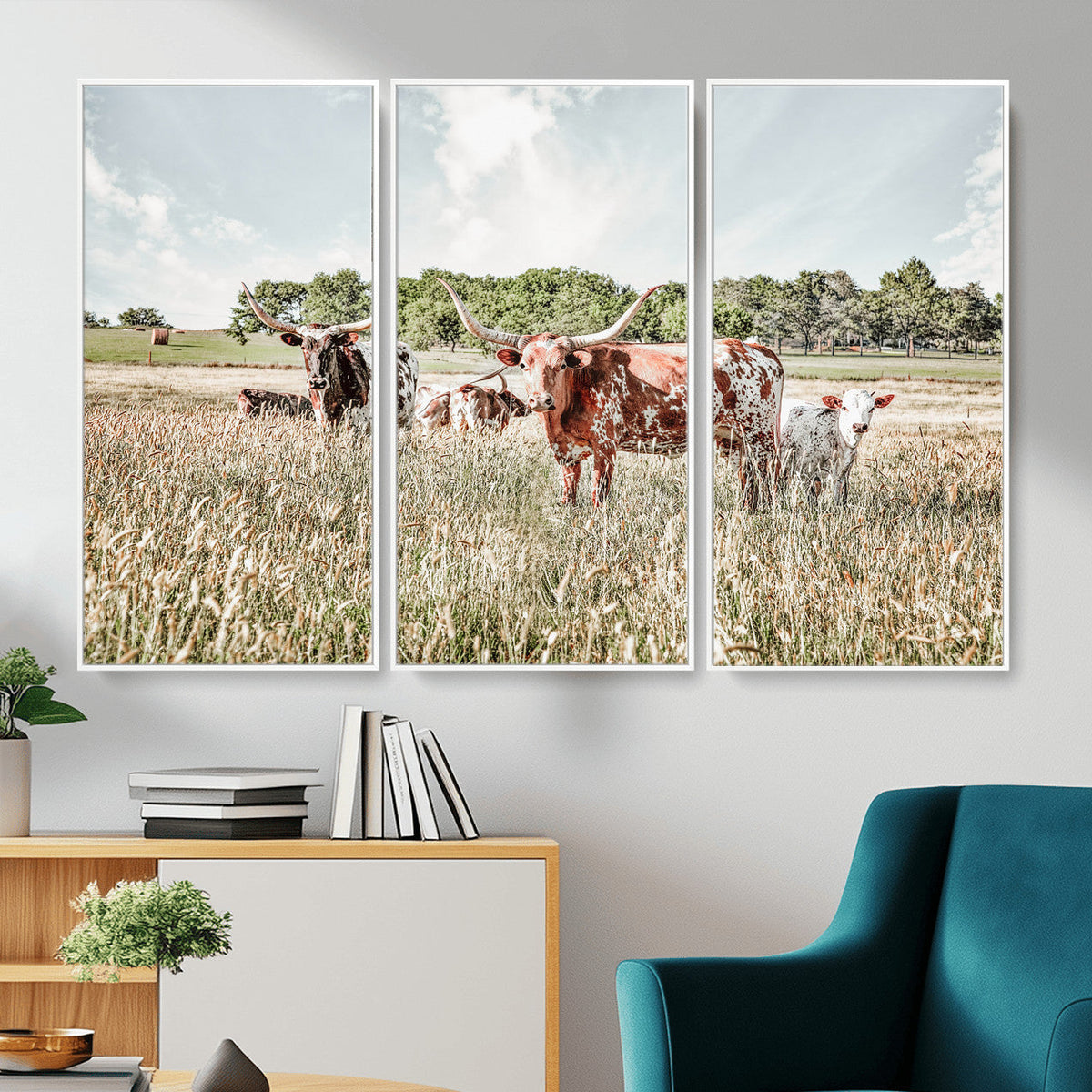 Texas Longhorn Cattle Wall Art Canvas Print, Rustic Ranch