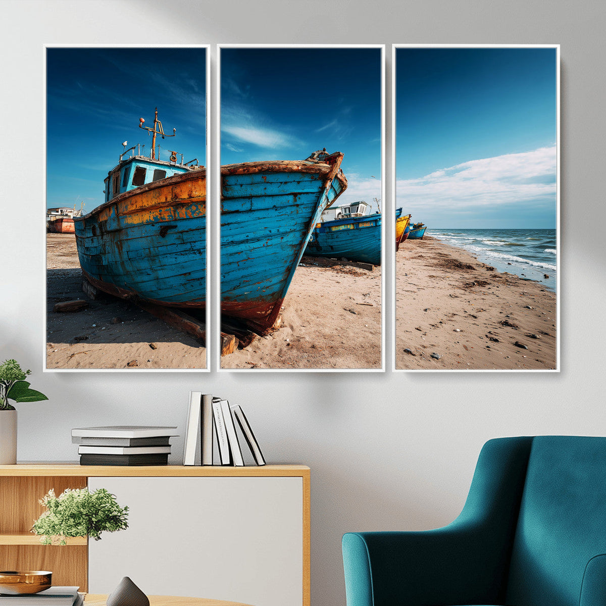 Coastal Fishing Boats Wall Art Canvas Print, Sunset Beach