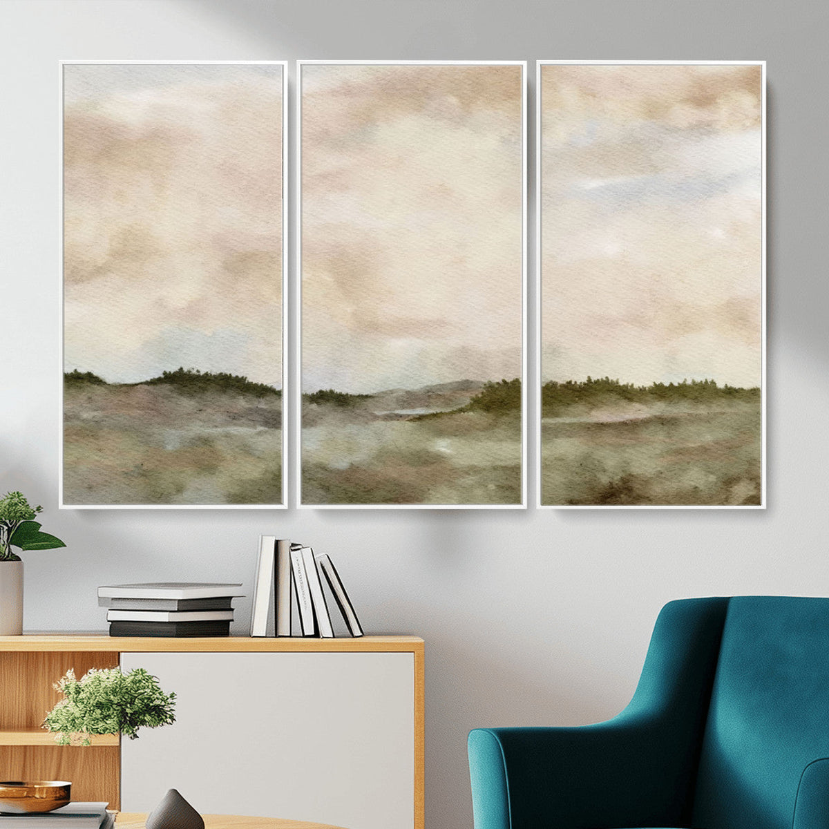 Muted Watercolor Hill Landscape Print — Beige Taupe Cloudy