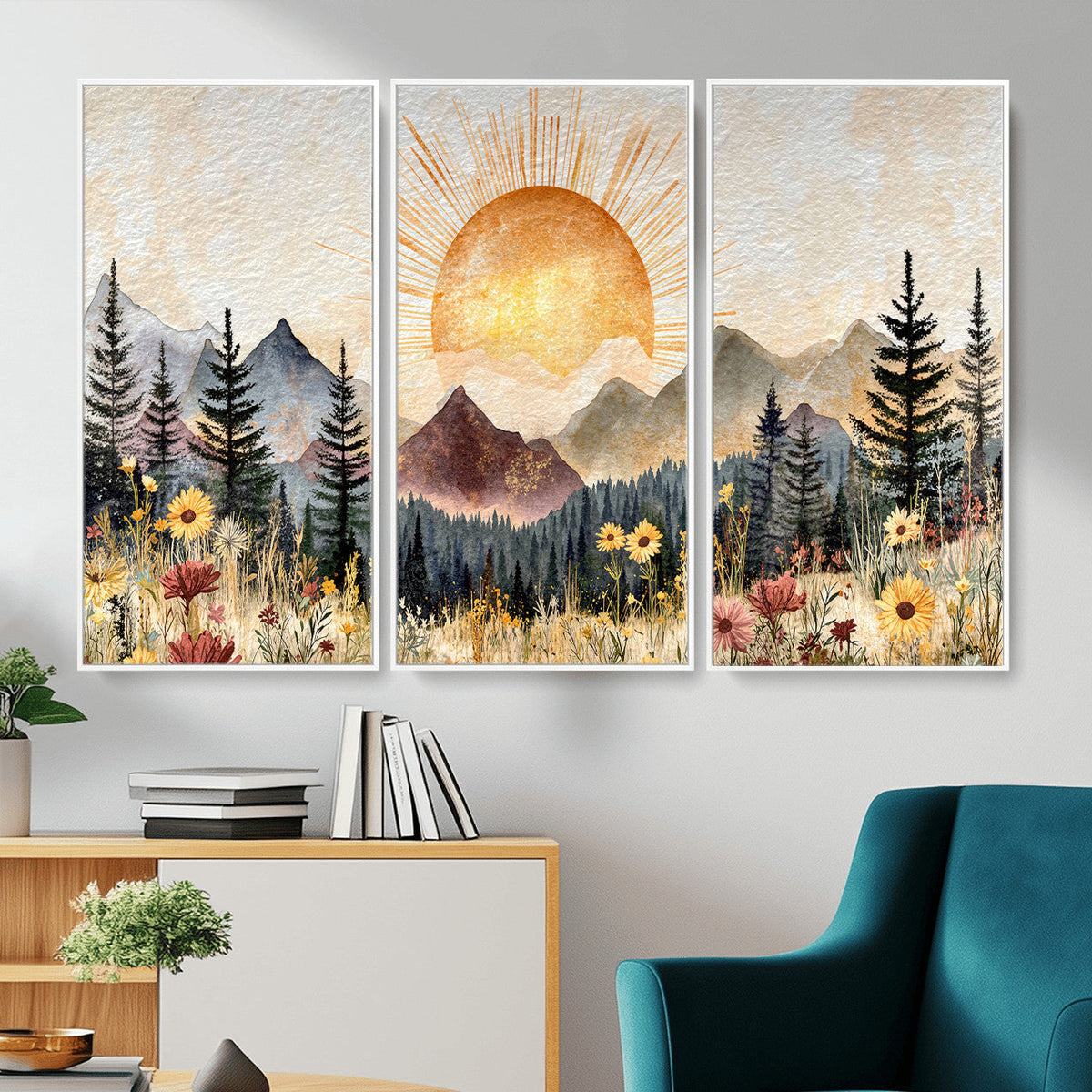 Boho Mountain Landscape Large Wall Art, Horizontal Gold