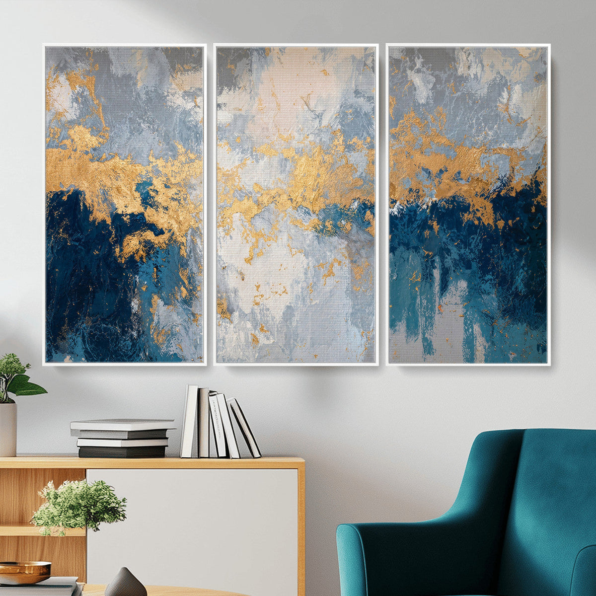 Blue Gold Abstract Large Framed Canvas Wall Art, Modern