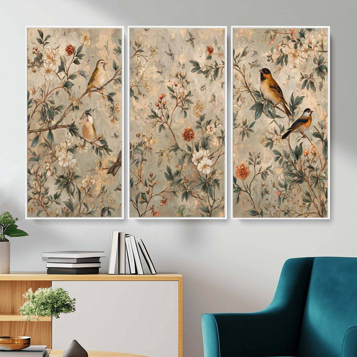 Vintage Birds and Flowers Wall Art Canvas Print, Botanical