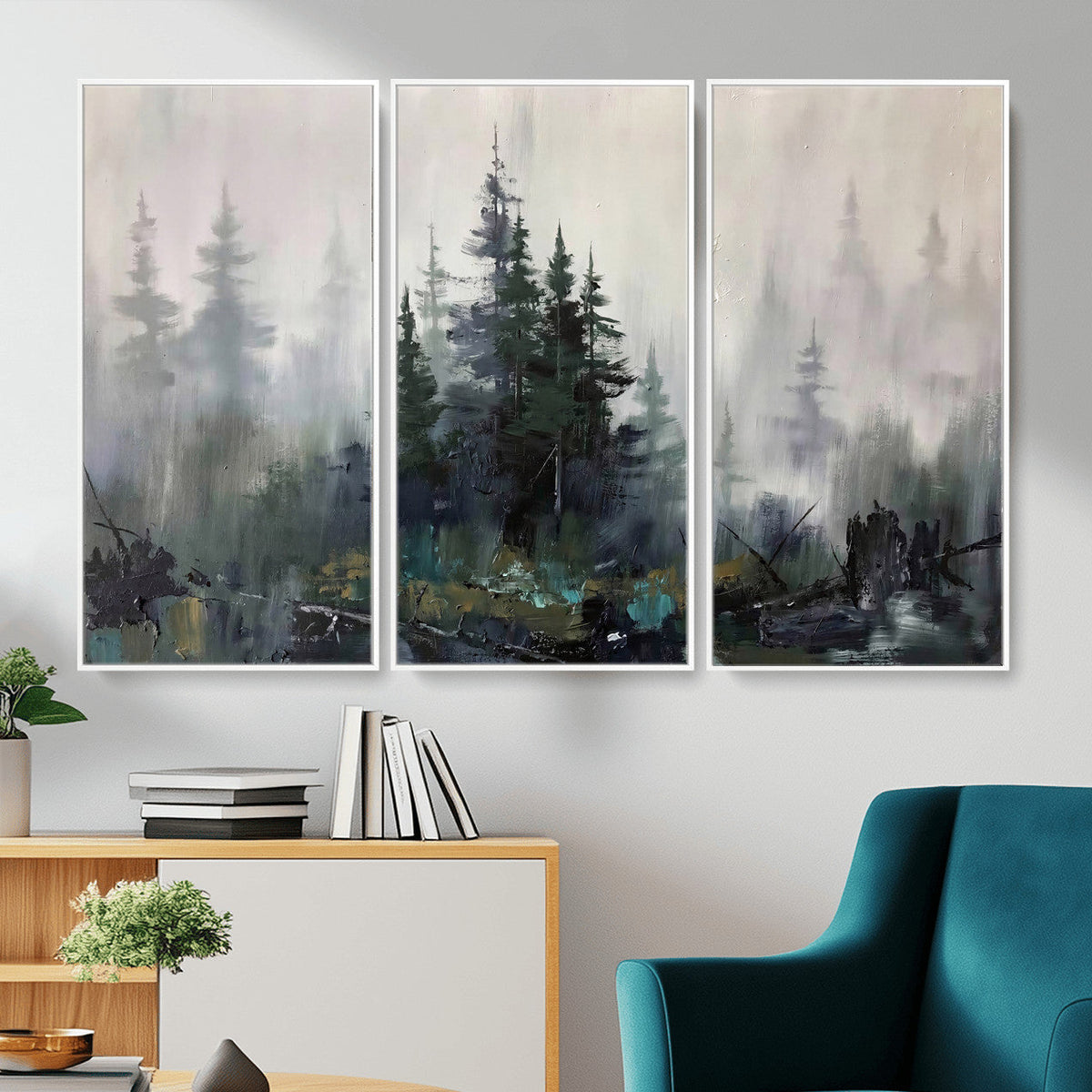 Misty Pine Forest Oil Painting Canvas — Dark Moody Teal Grey