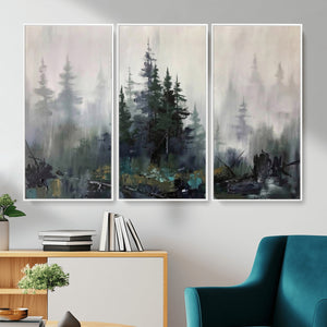 Misty Pine Forest Oil Painting Canvas — Dark Moody Teal Grey