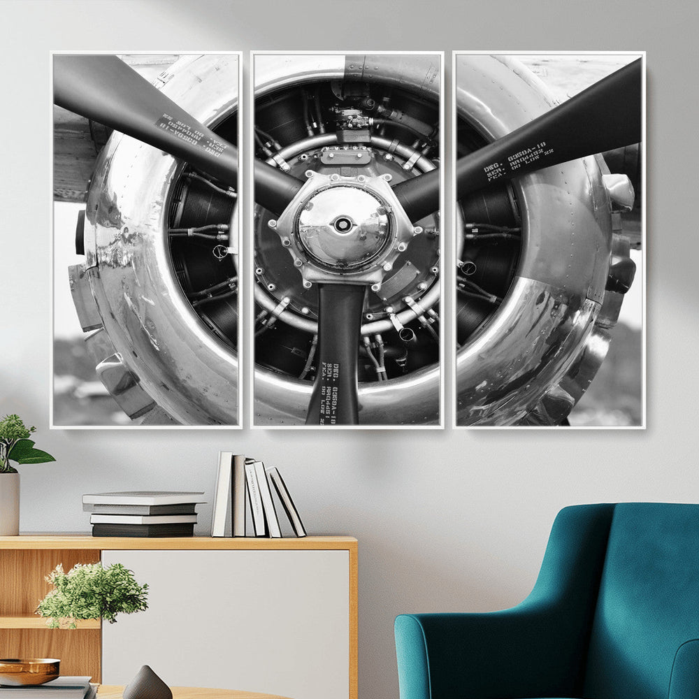 Vintage Propeller Plane Wall Art Canvas Print, Black and