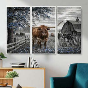 Texas Longhorn Canvas Wall Art, Rustic Farm Barn Bluebonnet