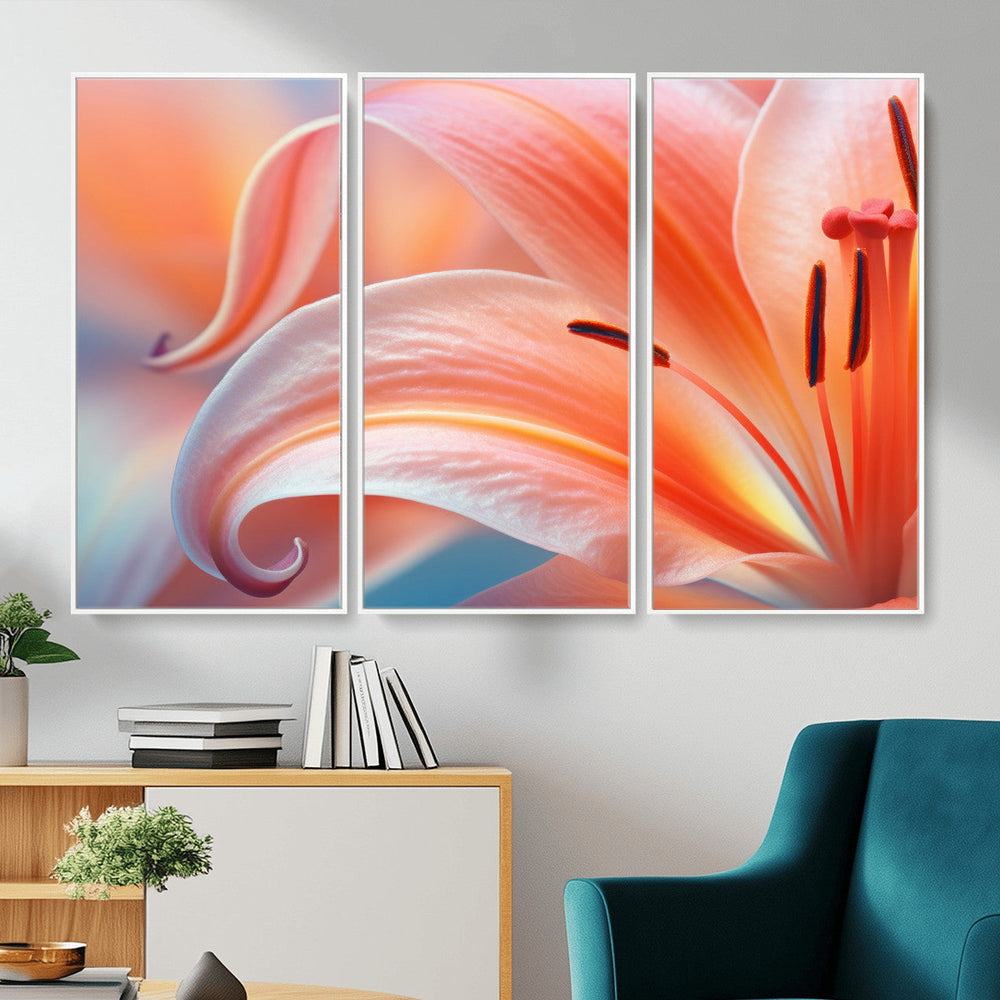 Peach Lily Canvas Wall Art, Coral Pink Flower Macro Photo Print, Botanical Bedroom Decor, Soft Floral Photography, Living Room Wall Art