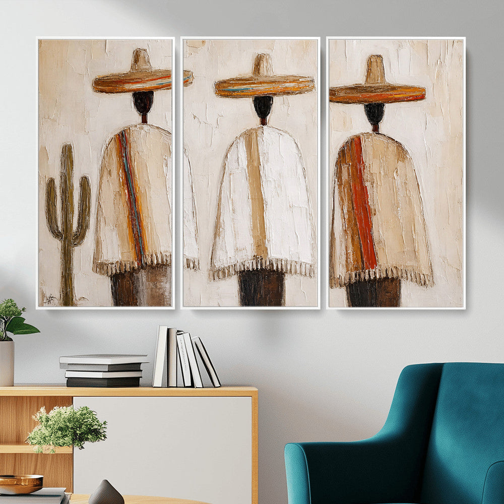 Mexican Wall Art Canvas Print, Southwestern Sombrero Poncho Painting, Neutral Earthy Boho Decor, Fiesta Living Room Art, Impasto Style Print