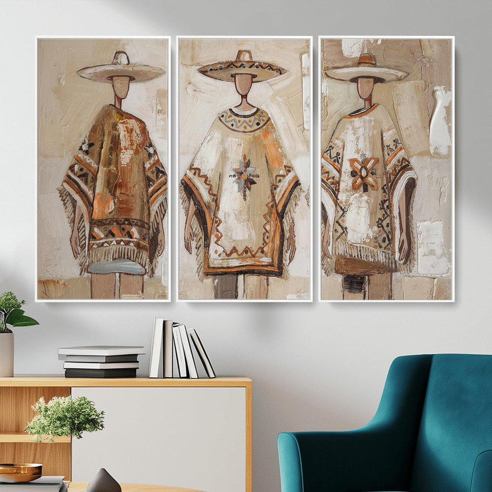 Mexican Folk Art Canvas Wall Art, Charro Poncho Sombrero Painting Print, Neutral Beige Boho Decor, Southwestern Impasto Style, Living Room Art
