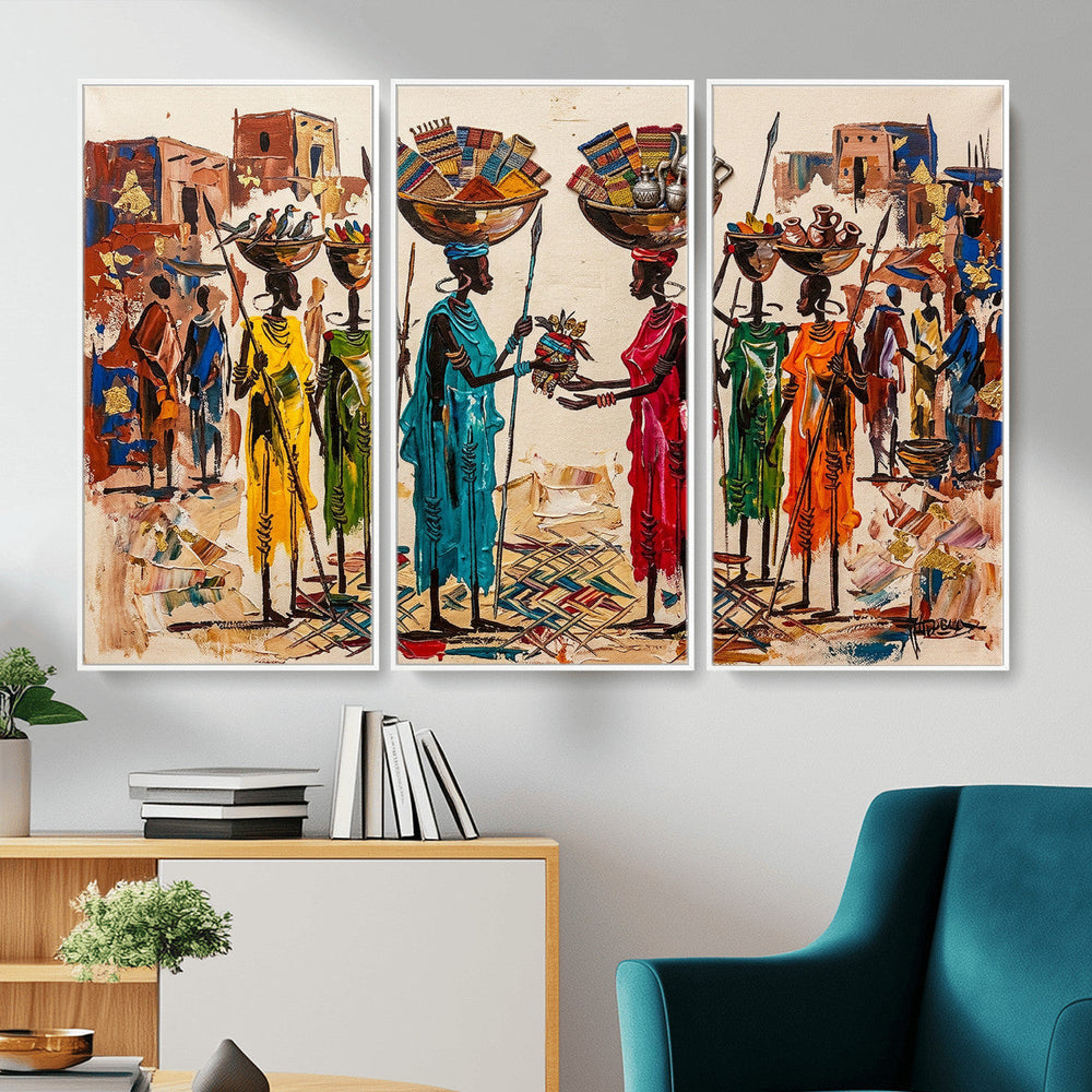 African Folk Art Canvas Wall Art, Colorful African Women Village Painting Print, Tribal Ethnic Home Decor, Vibrant African Art, Living Room