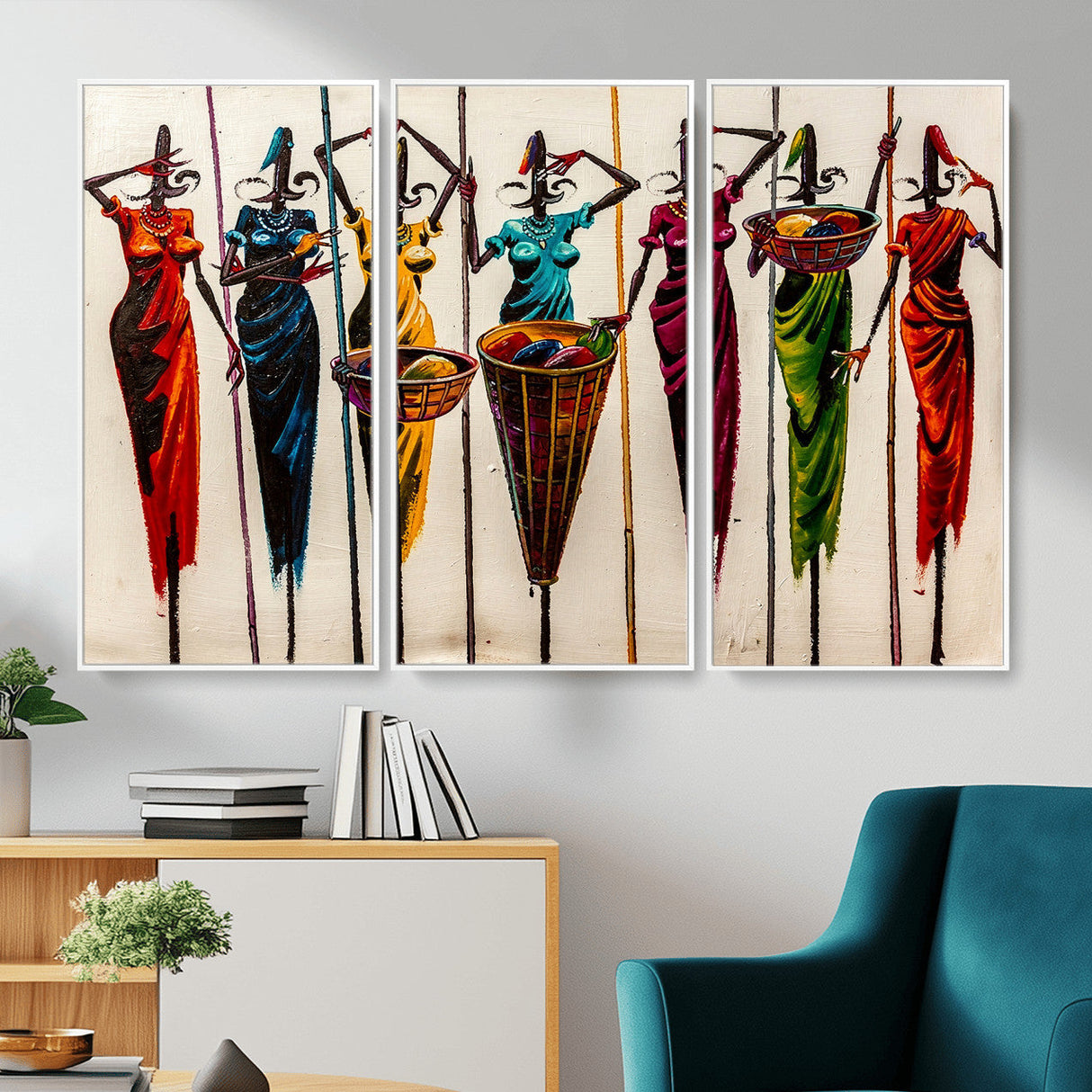 African Folk Art Canvas Wall Art, Colorful African Women Village Painting Print, Tribal Ethnic Home Decor, Vibrant African Art, Living Room