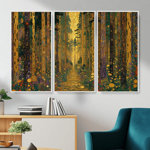 Gustav Klimt Style Forest Canvas Wall Art, Golden Forest Path Floral Art Nouveau Print, Enchanted Woodland Decor