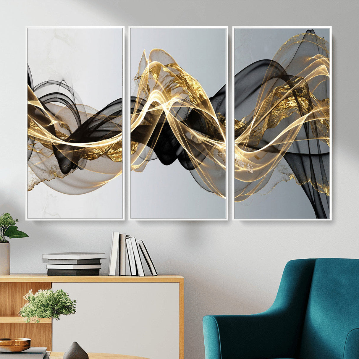 Black and Gold Abstract Wall Art, Modern Wave Canvas Print, Elegant Flowing Smoke Art, Luxury Living Room Decor